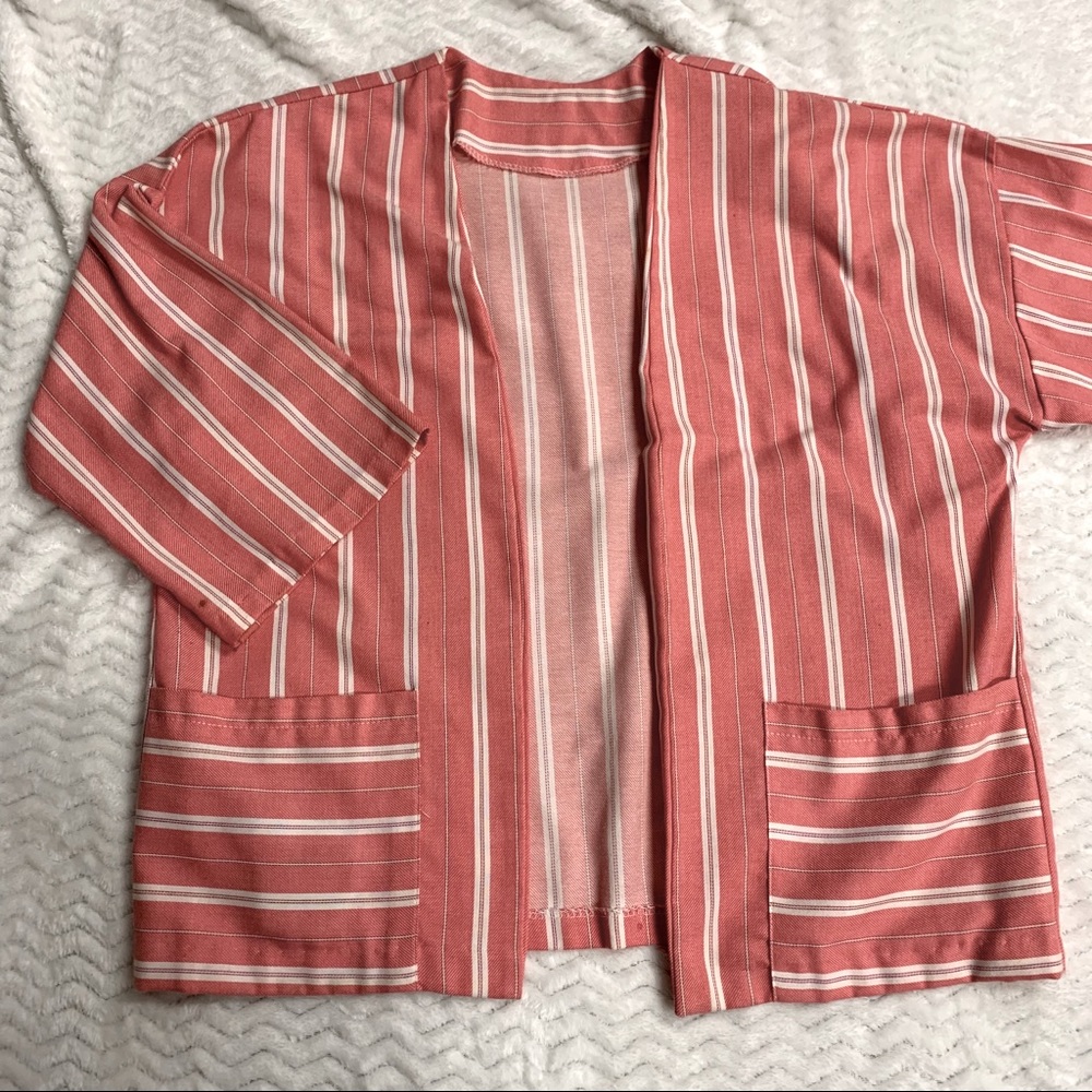 Pink and white vertical striped blazer kimono top